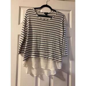 Metaphor Petite Striped Metallic Layered Hem Sweater Top Silver White Black MP